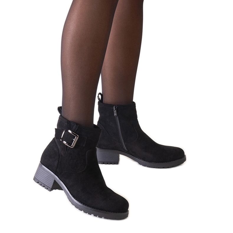 Black ankle boots with a metal insert on a low heel, eco-suede Nadiara