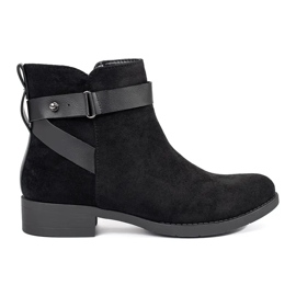 Women's black suede ankle boots with a decorative strap