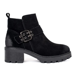 Black women's high-heeled ankle boots made of natural nubuck leather with a decorative buckle by Sergio Leone Black women's high-heeled ankle boots made of natural nubuck leather with a decorative buckle by Sergio Leone