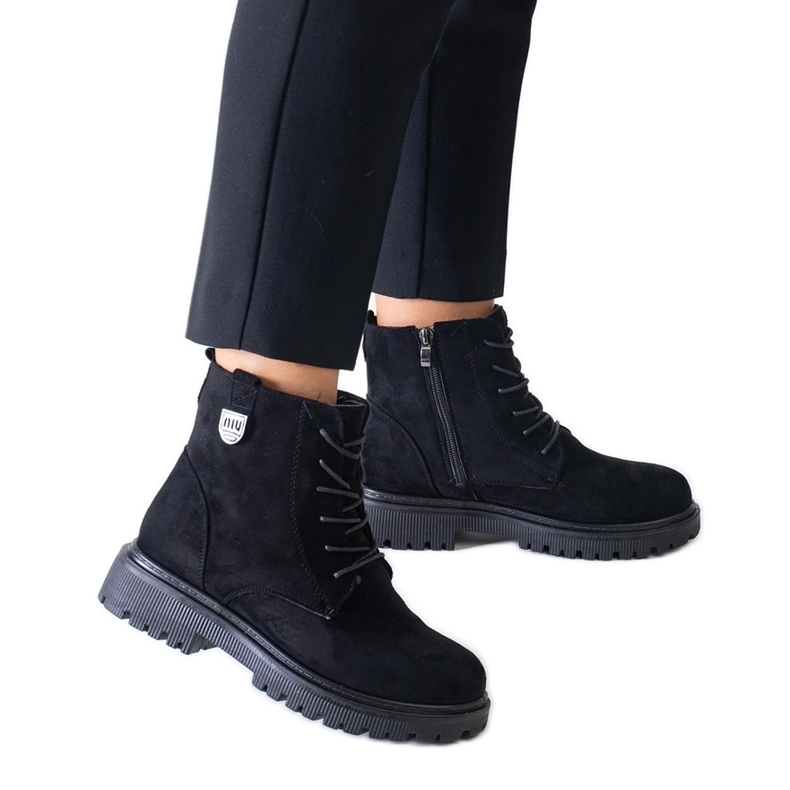 Black eco-suede worker boots on the Leonora platform Black eco-suede worker boots on the Leonora platform