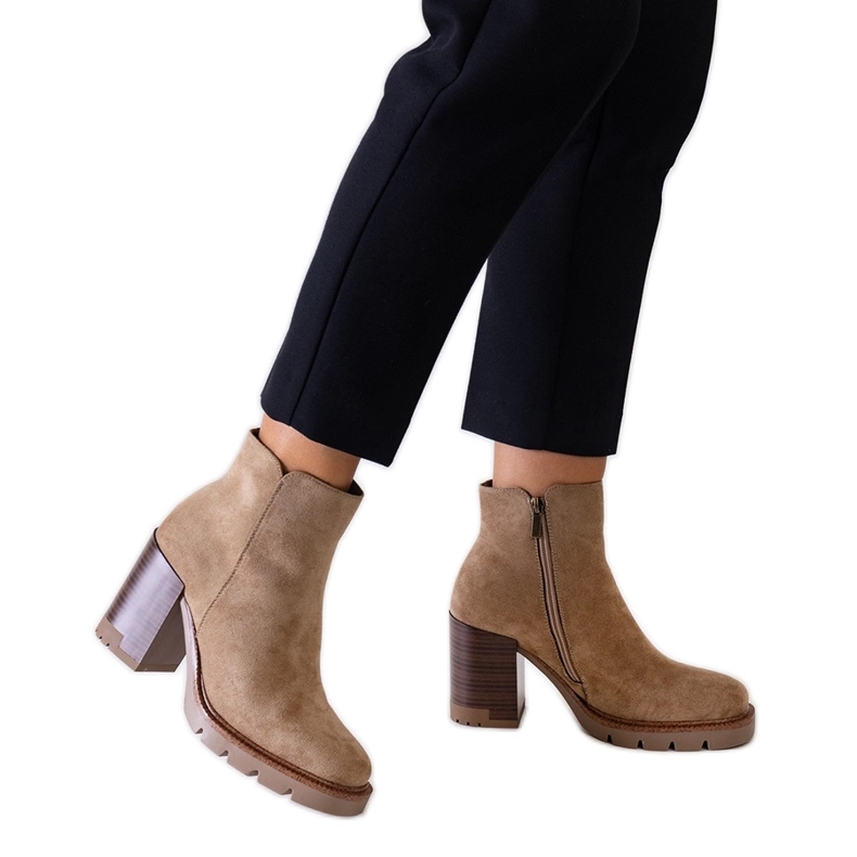 Beige ankle boots with a wood motif, eco-suede Hamida