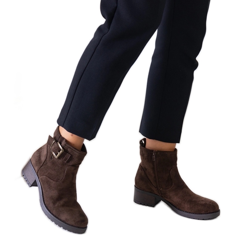 Brown ankle boots with a metal insert on a low heel, eco-suede Nadiara