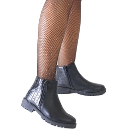 Black ankle boots with a crocodile leather motif, Mifsada eco-leather