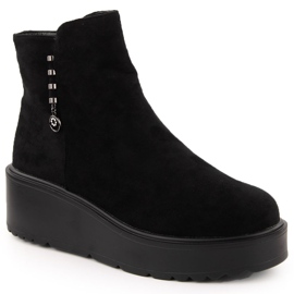 Women's suede ankle boots on a thick platform, black Potocki 11305