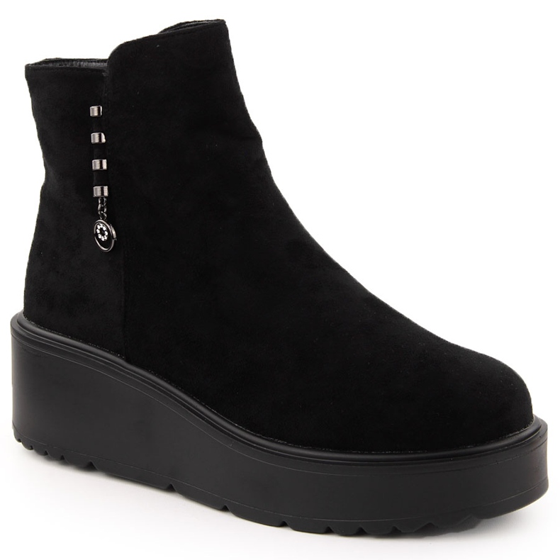 Women's suede ankle boots on a thick platform, black Potocki 11305