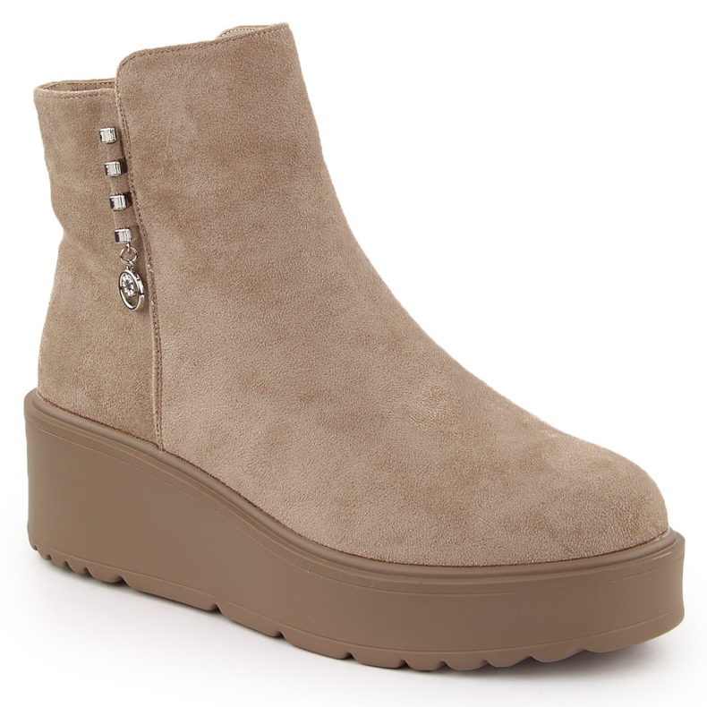Women's suede ankle boots on a thick platform, beige Potocki 11305