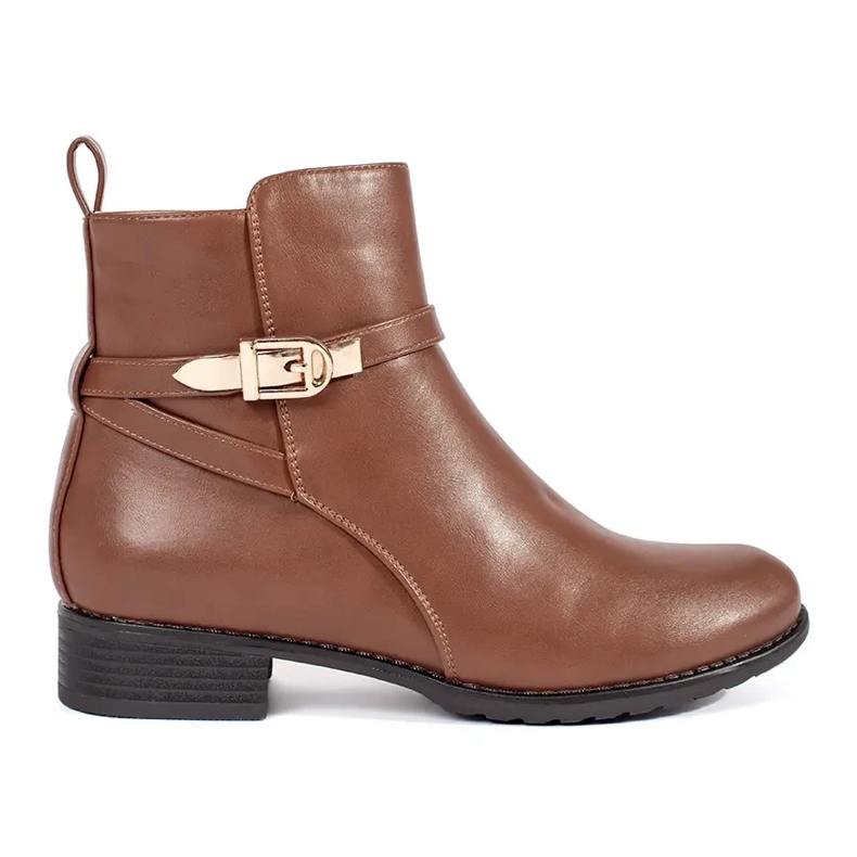 Brown women's low-heeled boots with a decorative strap Brown women's low-heeled boots with a decorative strap