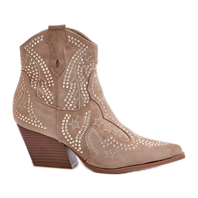 Decorated High Heel Cowboy Boots Beige Kaivina