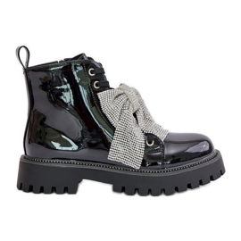Ladies' patent leather ankle boots with a bow, Black Ocenttia
