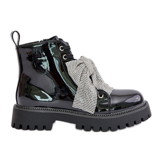 Ladies' patent leather ankle boots with a bow, Black Ocenttia
