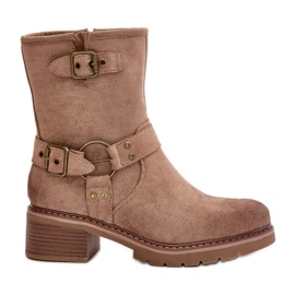 Women's Low Heel Boots With Buckles, Dark Beige Zudra