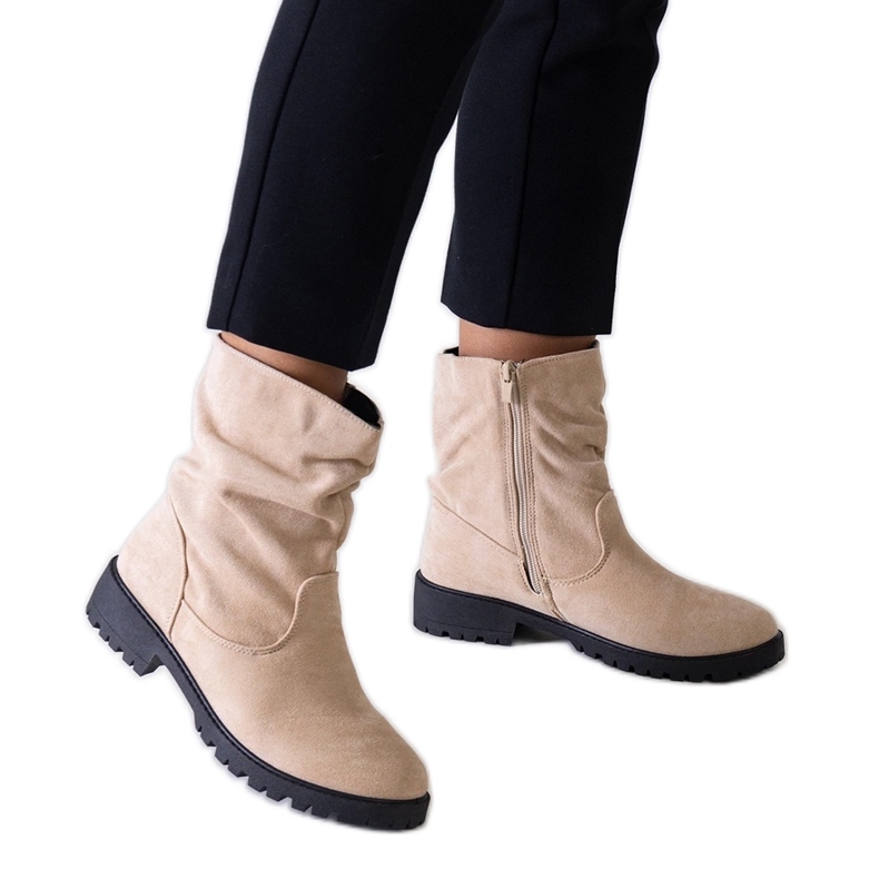 Beige ruffled ankle boots made of eco-suede Hinda Beige ruffled ankle boots made of eco-suede Hinda