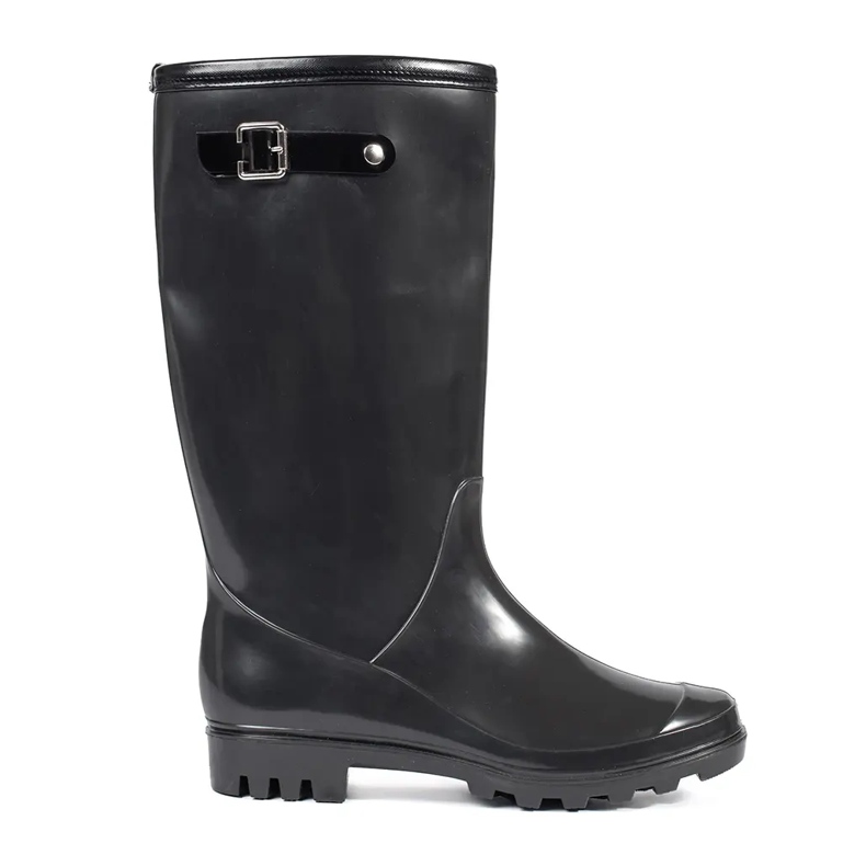 Women's black high patent wellington boots