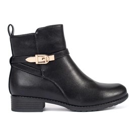 Black women's low-heeled ankle boots with a decorative strap