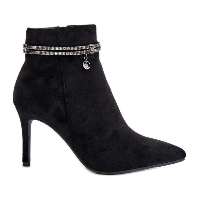 Insulated Ankle Boots On A High Heel With A Decorative Strap Eco Suede Vinceza 16469 Black