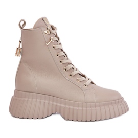 Leather Boots On A Platform With A Zipper With A Decorative Padlock CheBello 4517 Beige