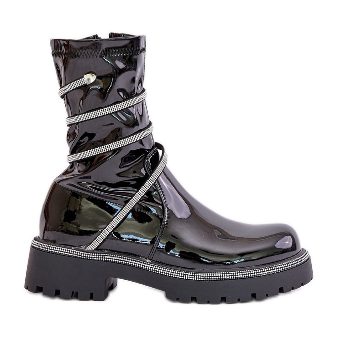 Patent Ankle Boots With Decoration Black Kikizelle