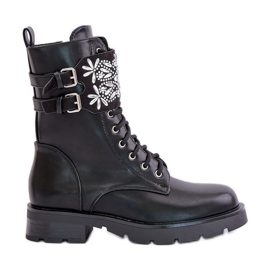 Insulated Worker Boots With Decorative Belt and Buckles, Black Viveria Insulated Worker Boots With Decorative Belt and Buckles, Black Viveria