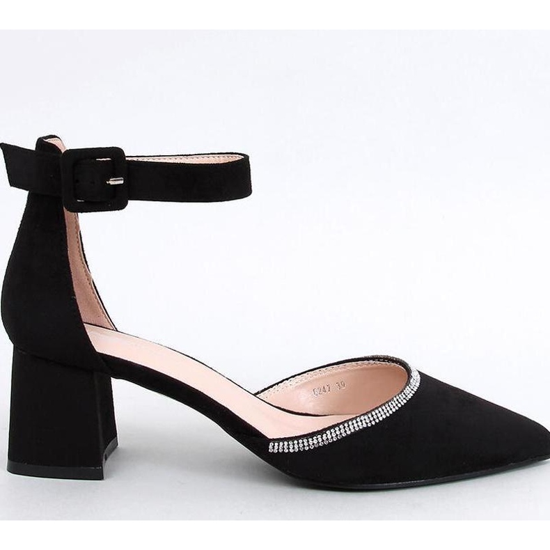 Black high-heeled pumps with ankle fastening