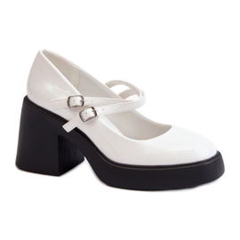 White chunky heel pumps
