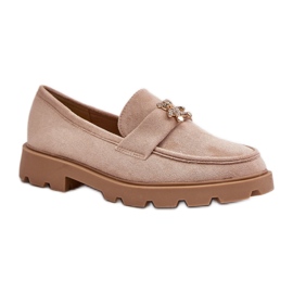Beige suede women's moccasins with a teddy bear