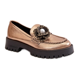 Women's moccasins with a decorative flower Gold golden