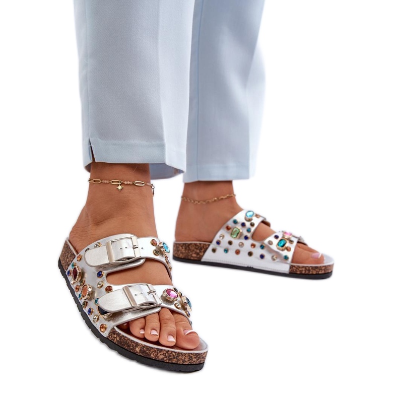 S.Barski Decorated Women's Flip Flops with Silver Buckles