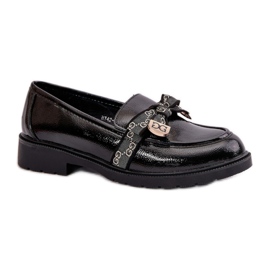 S.Barski Black patent moccasins with a bow