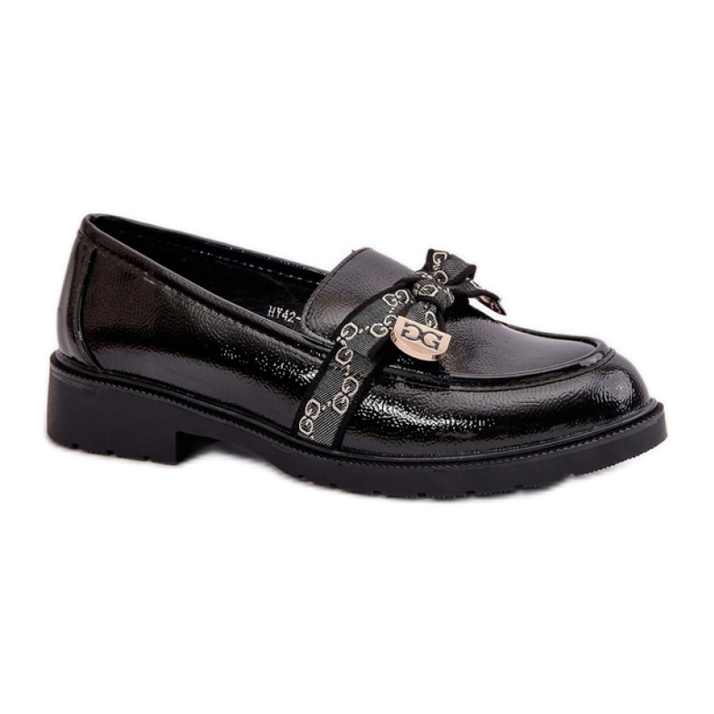 S.Barski Black patent moccasins with a bow
