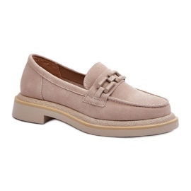 S.Barski Beige women's moccasins with a decoration on a flat heel