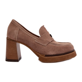 Zazoo Dark Beige suede loafers on a high heel