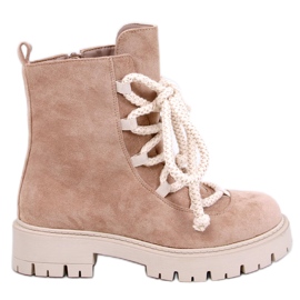 Smiless Khaki lace-up ankle boots with thick laces beige