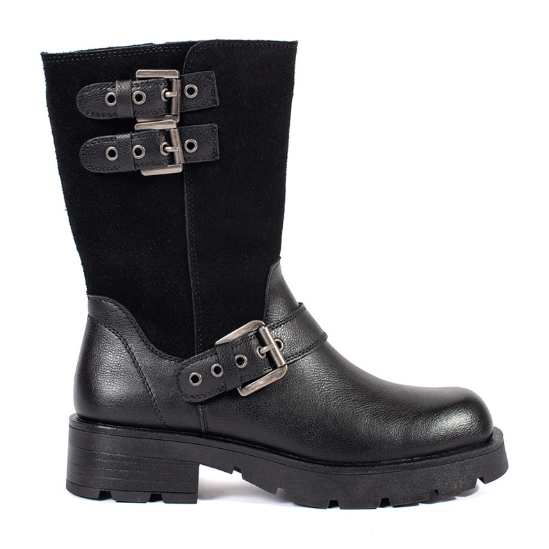 Black leather women's ankle boots on the platform decorated with Sergio Leone stripes