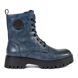 Women's navy blue lace-up leather ankle boots on the Sergio Leone platform