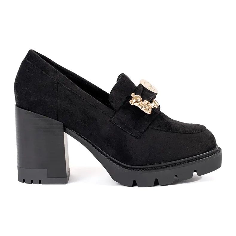 Black women's suede shoes with a high heel and metal decoration