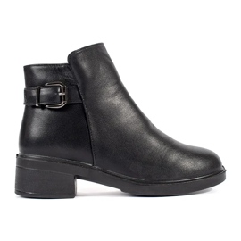 Black women's low-heeled ankle boots with a decorative buckle