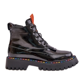 Black Anafra Leather Patent Worker Ankle Boots With Zipper