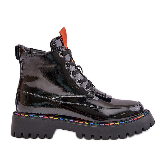 Black Anafra Leather Patent Worker Ankle Boots With Zipper