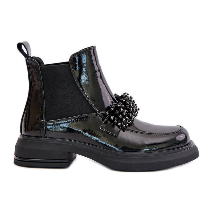 Leather Patent Ankle Boots With Decoration, Insulated Slip-On, Black Solimav