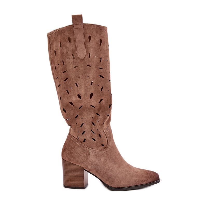 Eco Suede High Heel Boots With Openwork Pattern Vinceza 58344 Dark Beige