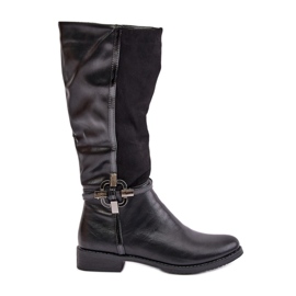 Jezzi Insulated Flat Heel Boots With Decorative Buckle, Black Leatharia
