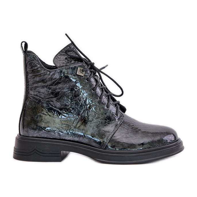 S.Barski Women's Leather Patent Boots, Warm, Zippered, D&amp;A LZ42-042, Black and Gray