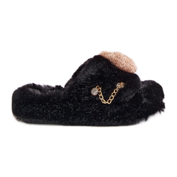 Women's Fur Slippers With Teddy Bear and Decorative Elements, Black Innalise