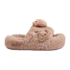 Beige Innalise Women's Fur Slippers With a Teddy Bear and Decorative Elements
