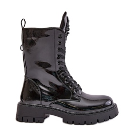 Patent Insulated Worker Ankle Boots With Decoration, Black Kelilea