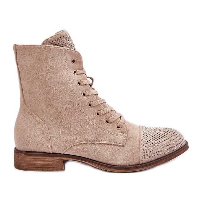 Decorated Flat Heel Boots, Eco Suede, Warm, Light Beige Ellieo
