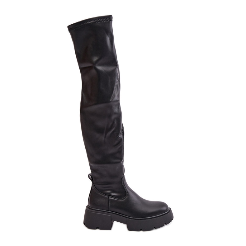 Over-the-knee boots with a platform and a flat heel made of eco-leather, black Loreviana