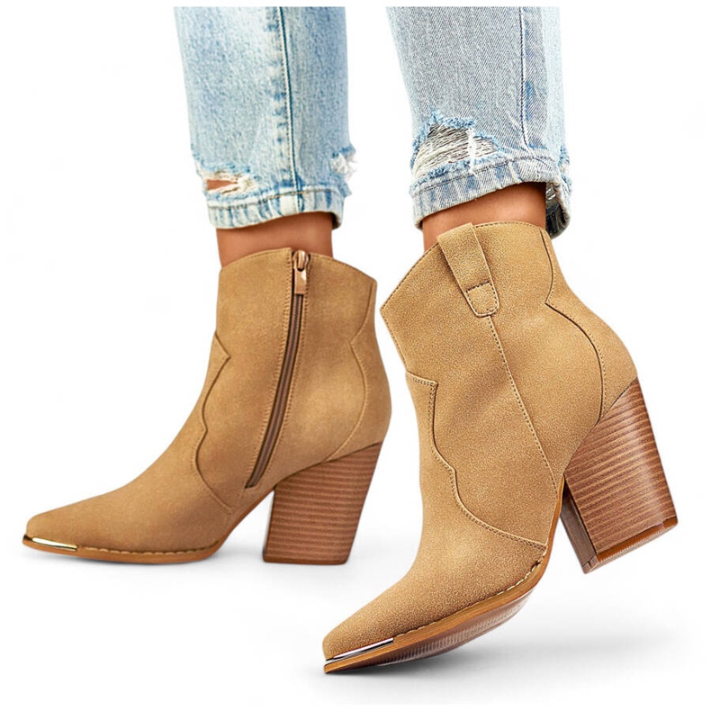 Women's suede cowboy boots on a high heel, beige A5618BE