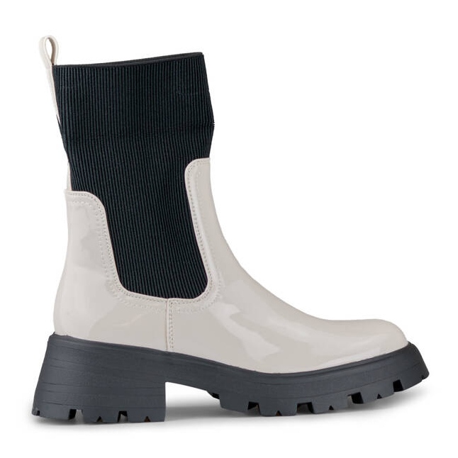 Women's patent ankle boots with an elastic upper, beige DES925M-BE