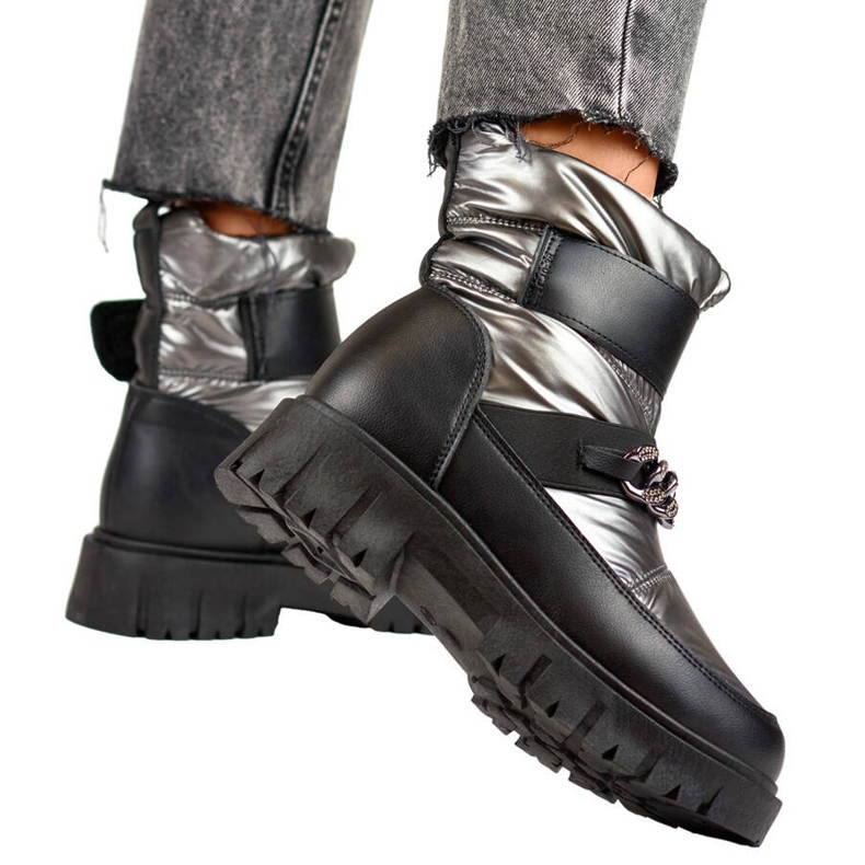 Women's snow boots with a velcro chain, metallic silver, JH-5SI